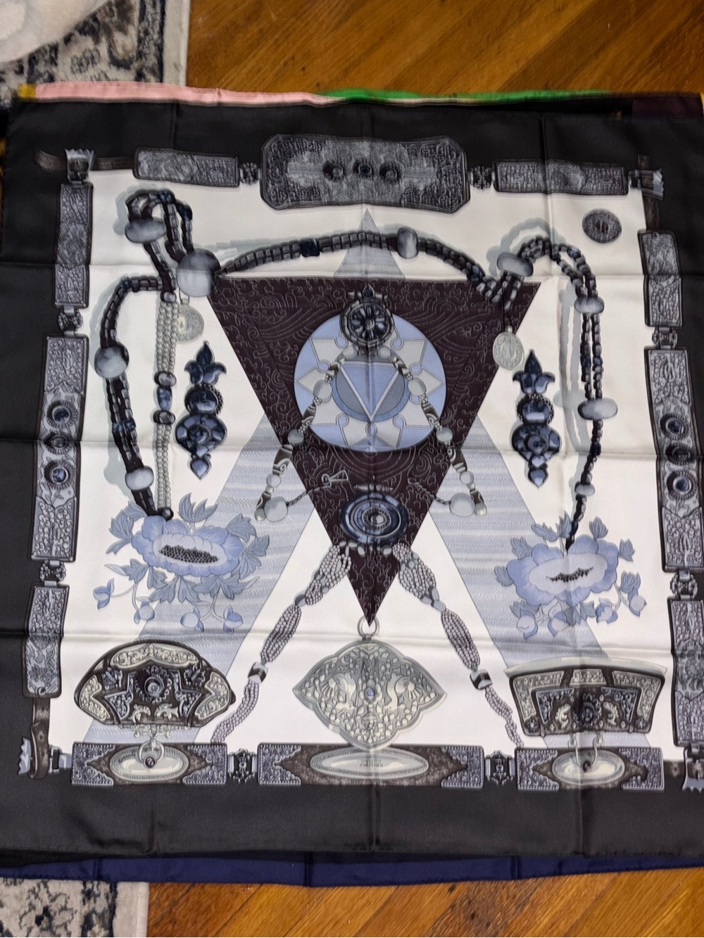 Hermes Black, White and Purple Silk Scarf with Ornate Jewel Motif